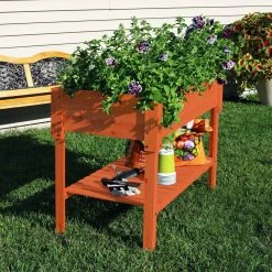 Discount 🤩 Sunnydaze Decor Raised Planter Boxes Sunnydaze Raised Wood Garden Bed Planter Box With Shelf - Stained Finish 🥰 -Raised Garden Beds Sales detail6NETH1351